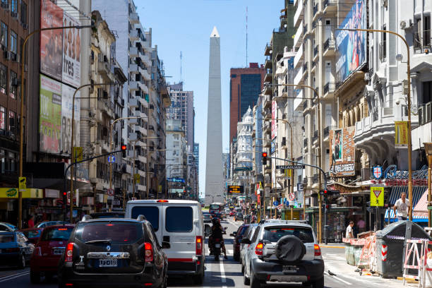 Buenos Aires, Argentina - February 15, 2017: A view of the Obelisk in Buenos Aires from the city street. A monument by Alberto Prebisch