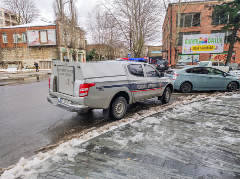 Kutaisi, Georgia - March 18, 2022: Car of security police parked in Kutaisi.