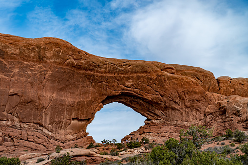 Moab, UT, USA - 04.18.2022\n- Arches National Park at Midday Shortly after the implementation of timed entry (Window Arch)
