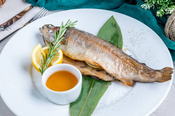 istock grilled trout on a white plate with sauce 1393150849