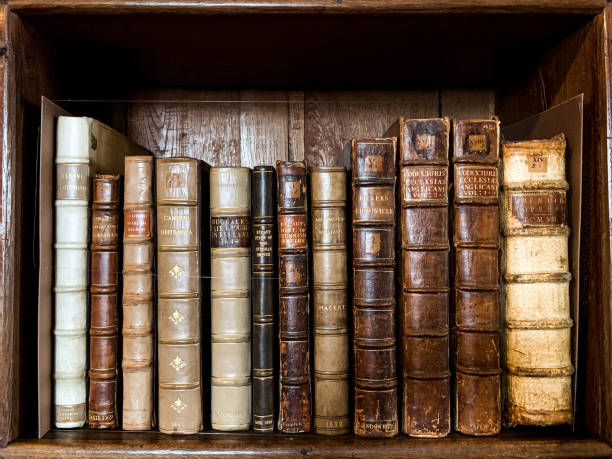 Antique Books on a wooden shelf Old vintage books on wooden shelf. Tiled Bookshelf background. Concept on the theme of history, nostalgia, old age. Retro style. leather covered books in shade of beige brown or gold color cover. literature stock pictures, royalty-free photos & images