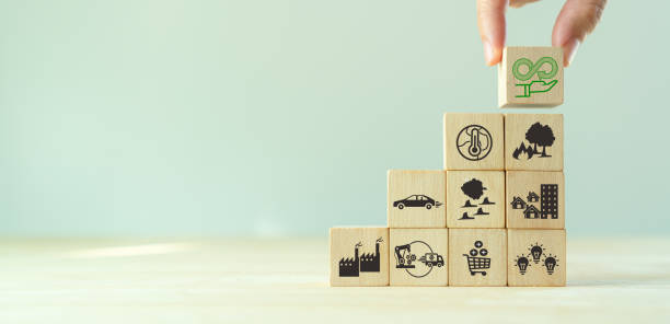 istock Circular economy concept. Business and environment sustainable. Climate changing problem solving goals.Stacking wooden cube with eco infinity and environment sustainable symbols on smart backgound. 1393151107