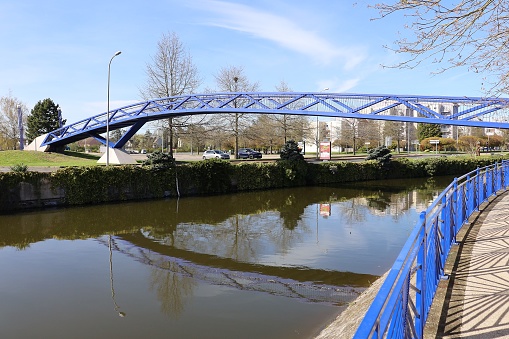 Pedestrian footbridge over the Canal du Centre, town of Montceau Les Mines, Saone et Loire department, France