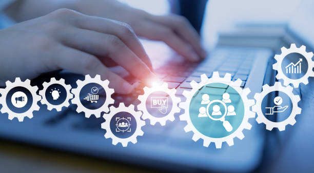 istock Customer behavior and journey analysis. Customer research. Person working on computer with icons of customer analysis; when, how they buy, why and expectation for marketing plan and strategies. 1393153683
