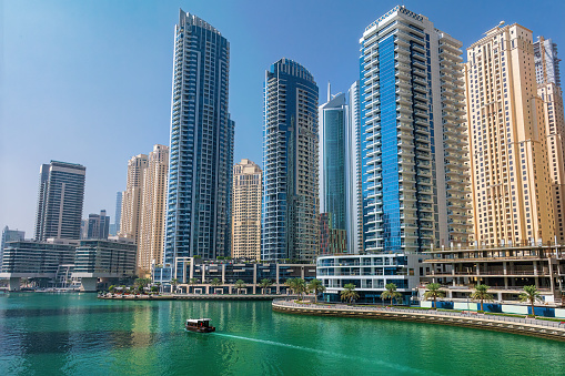 Panorama of Dubai Marina in UAE, modern skyscrapers and port, Dubai, UAE