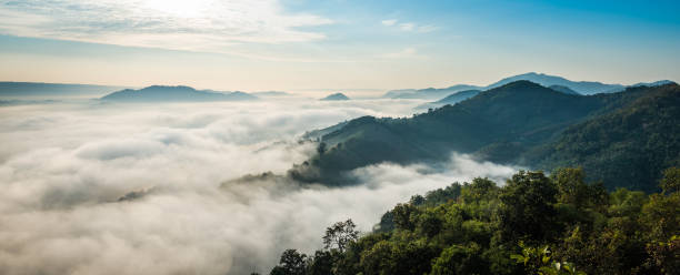 Sunrise and the mist in winter morning Aerial view, landscape of mountain and the mist with sunrise in winter, view from top of mountain, Panorama nong khai province stock pictures, royalty-free photos & images