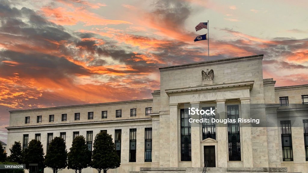 Interest Rates and The Federal Reserve - Sunset The Fed & Inflations - Federal Reserve - Central Banking Federal Reserve Stock Photo