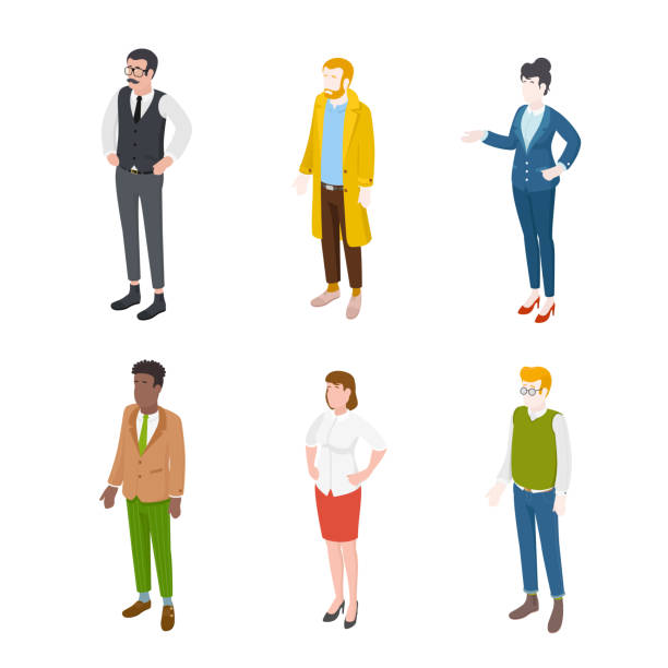 Set of isometric people Set of different isometric people on white. Vector illustration flat design isolated. Male and female characters. Office and casual clothes. Smart Casual stock illustrations