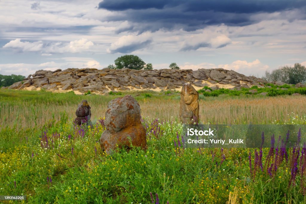 stone monuments in a steppe Ancient Stock Photo