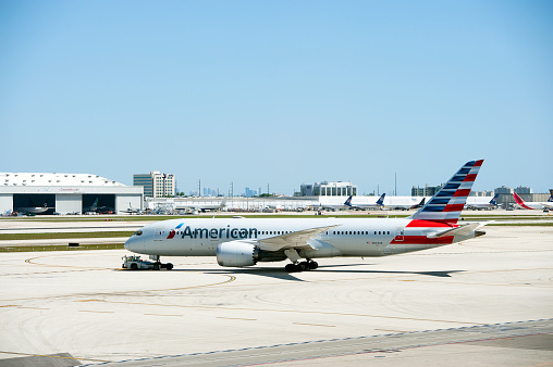 American Airlines Boeing 777 completes push back, Miami Airport, Florida, U.S.A. Miami International Airport, MIA, previously Wilcox Field, is the main airport in Florida serving the United States and international destinations, including Latin America.