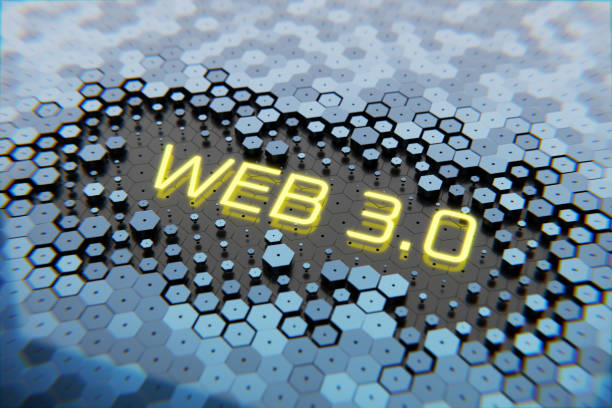 concept of decentralized, technology and upgrade web 3.0. WEB 3.0 sign on an abstract and futuristic electronic board. 3d rendering..