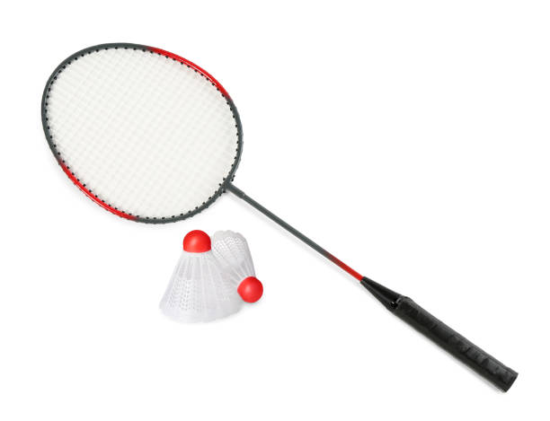 istock Badminton racket and shuttlecocks on white background. Sports equipment 1393164850