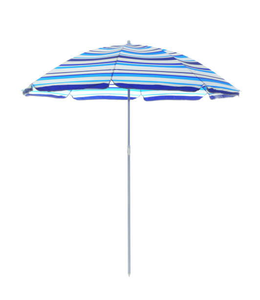 istock Open blue striped beach umbrella isolated on white 1393164926