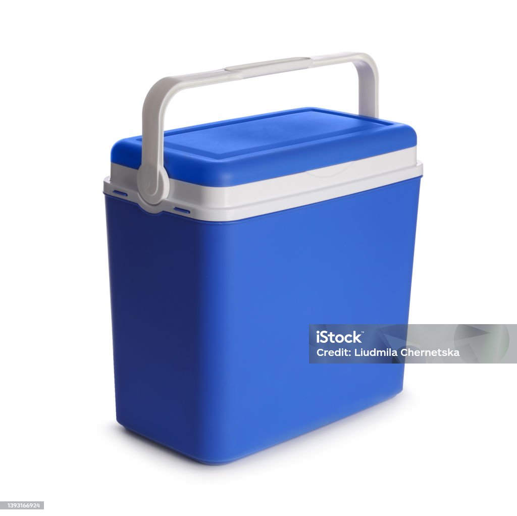 Closed blue plastic cool box isolated on white Cooler - Container Stock Photo