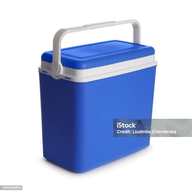 Closed Blue Plastic Cool Box Isolated On White Stock Photo - Download Image Now - Cooler - Container, Beach, Box - Container