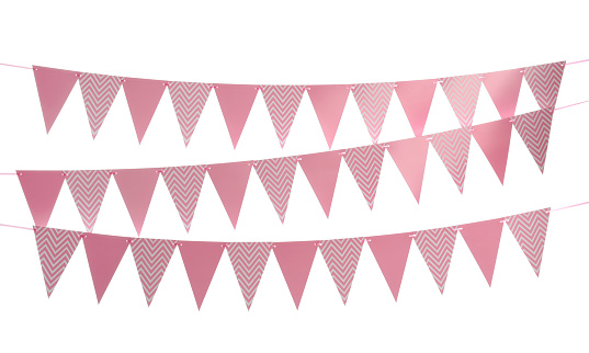 Buntings with triangular paper flags on white background. Festive decor