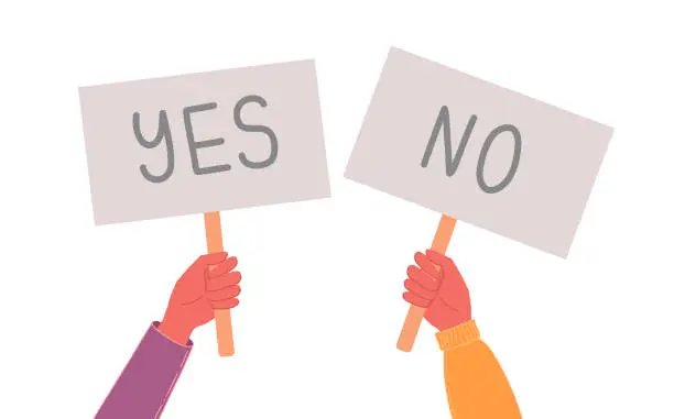 Vector illustration of Yes no banner. Isolated text placard, hands hold right wrong message. Idea or choice, correct and incorrect dialog mark decent concept