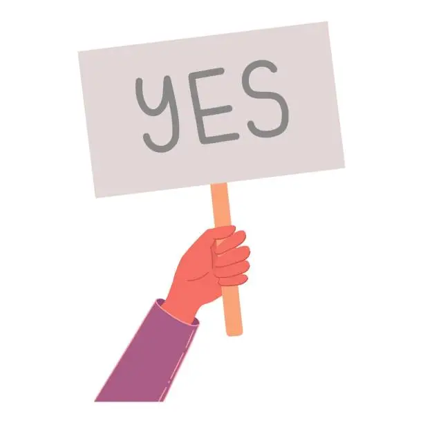 Vector illustration of Yes banner. Isolated text placard, hand hold right or wrong message. Idea or choice, correct and incorrect dialog mark decent concept