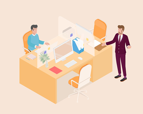 Isometric office with working people. Vector illustration flat design isolated. Male and female characters. Office and casual clothes. Desk, chair, computer, office space.