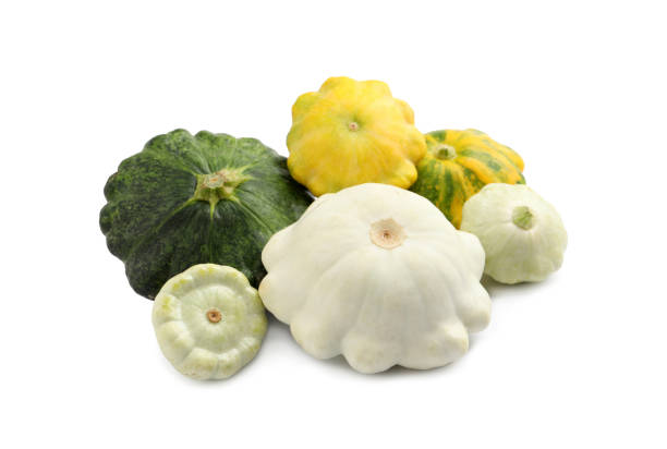 istock Fresh ripe pattypan squashes on white background 1393170490