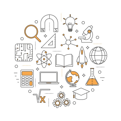 Vector round set of educational linear icons. STEM education: science, technology, engineering, mathematics. Icons for website design, application, logo, user interface.
