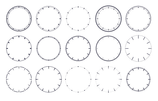 Clock dial . Empty mechanical watch face without arrows and numbers with hour marks. Vector set realistic dial mechanism