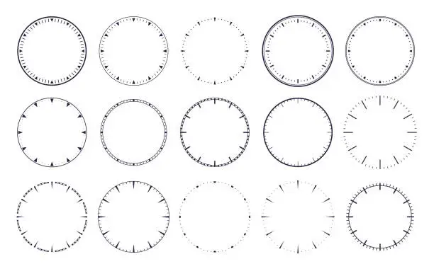 Vector illustration of Clock dial . Empty mechanical watch face without arrows and numbers with hour marks. Vector set