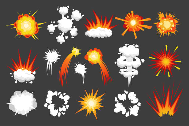 cartoon-strike-effekt. weißer treffereinschlag und explosions-comic-effekt. vektor-schallwellen- und rauchisoliertes set - sound effect stock-grafiken, -clipart, -cartoons und -symbole