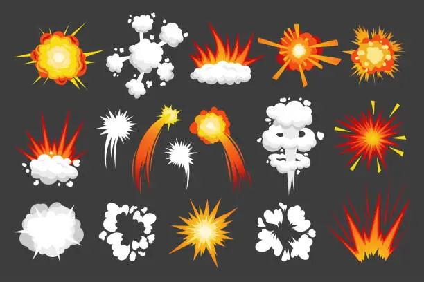 Vector illustration of Cartoon strike effect. White hit impact and explosion comic effect. Vector sound wave and smoke isolated set