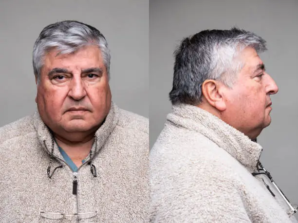 Spanish overweight senior man front and profile mugshots on gray background