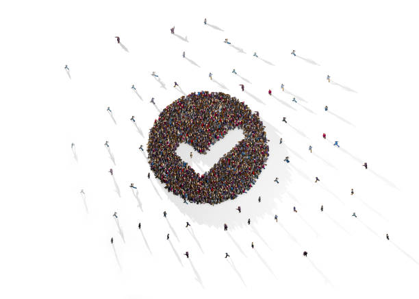 Human crowd forming arrow blue background. Horizontal  composition with copy space.