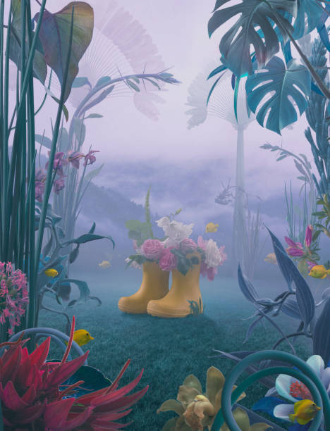 istock Foggy garden with yellow Boots 1393182264