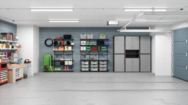 Modern Residential Garage Interior of an empty modern garage in a house. empty home garage stock pictures, royalty-free photos & images