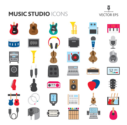 Vector illustration of a set of music studio icons on white background. No white box behind each icon. Fully editable. Simple icons include electric guitar, acoustic guitar, guitar pedal, keyboard, drums, studio headphones, guitar amplifier, microphone, podcast, rack studio mount, clarinet, fiddle, dj deck, cello, steel guitar, studio monitor, instrument cables, speaker cabinet, amplifier head, decibel meter, guitar headstock, guitar case, audio interface, speaker, guitar picks, guitar hangers, guitar strings, tuner, console, midi cable, sound proof vocal booth, guitar pick up, guitar fretboard, home studio. Vector eps 10 and high resolution jpg in download.