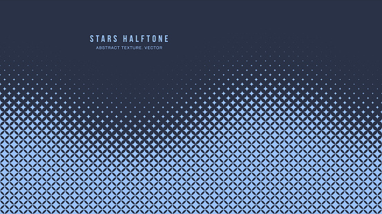 Stars Halftone Pattern Vector Checkered Star Shapes Curved Smooth Border Blue Abstract Background. Chequered Faded Particles Subtle Texture. Half Tone Contrast Graphic Minimal Geometric Wide Wallpaper