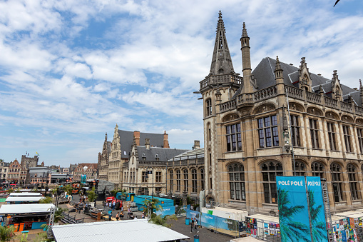 Vertical color image of Rotterdam Station Square and Weena during a sunny summer day. Aerial view.