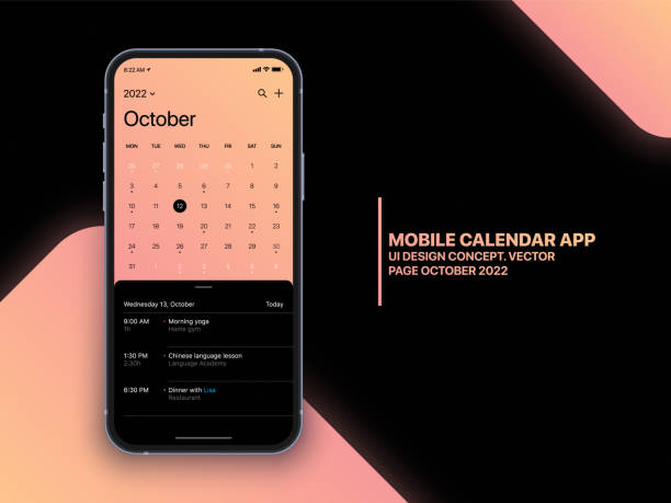 ilustrações, clipart, desenhos animados e ícones de conceito de interface do usuário do aplicativo de calendário móvel no mockup vetor de tela do smartphone realista - october