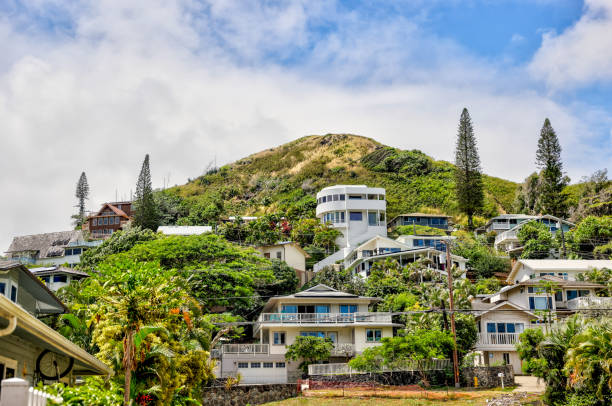 Residential neighborhood on the hills surrounding Lanakai Beach on Oahu stock photo