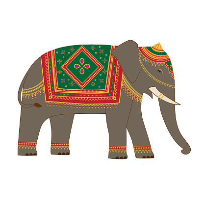 Vector illustration of a beautiful Indian elephant decorated and adorned with the ornaments for the procession ceremony. File is arranged in groups and layers for easy editing. File is made in RGB color. No effects, blends, transparency or gradients used. No clipping mask.