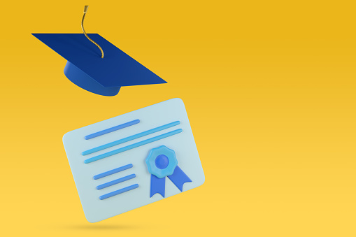 Diploma and mortarboard isolated on yellow background with copy space. 3d illustration.