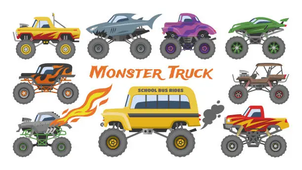Vector illustration of Monster truck vector cartoon vehicle or car and extreme show tra