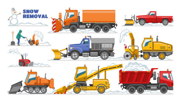 Snow removal vector winter machine snowplow equipment tractor cl Snow removal vector winter machine snowplow equipment tractor cleaning removing snow illustration set of truck snowblower excavator bulldozer vehicle transportation isolated on white background. snow storm city stock illustrations