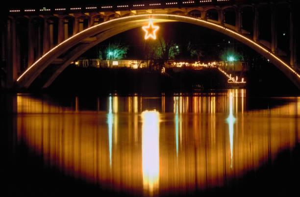 Branson, Missouri USA December 4, 1993: Christmas decorations adorn the the Old Highway 65 Bridge in Branson, Missouri.