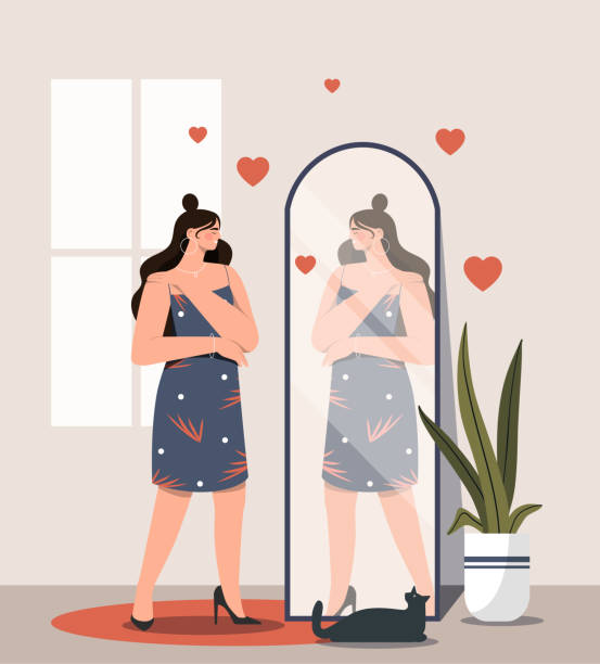 High self esteem High self esteem. Young girl stands at apartment in front of mirror and smiles. Positive psychology and optimism, metaphor for love for yourself and your body. Cartoon flat vector illustration woman mirror stock illustrations
