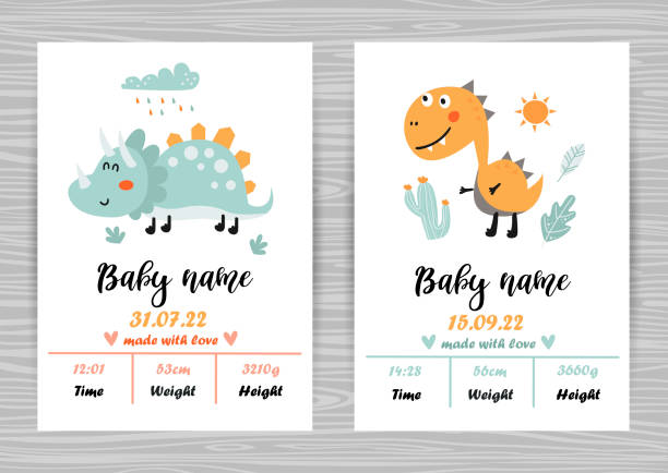 Baby shower invitation templates with cute dinosaurs. Date of birth, height, weight. Baby shower invitation templates with cute dinosaurs. Date of birth, height, weight. Perfect for kids bedroom, nursery decoration, posters and wall decorations baby shower card stock illustrations