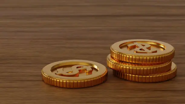 Stack of gold coin on wooden table, money and business concept, 3D rendering.