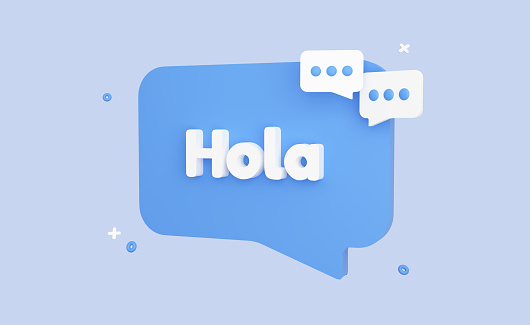 Hola speech bubble banner. Blue bubble message concept with text Hello in spanish. Isolated illustration in cartoon design. 3D Rendering