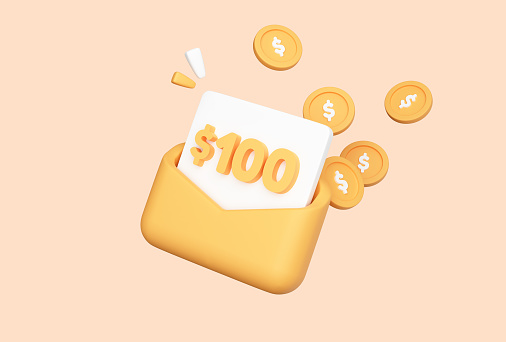 100 dollars in an envelope with coins on background. Letter with money. Cash bonus. Won lottery prize. Money coupon. Receiving a salary. Isolated icon. 3D Rendering
