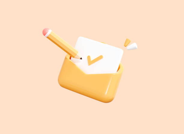istock 3D Check mark icon in letter envelope  with pen. Confirmed document or email. Approved Paper. Realistic cartoon icon elements isolated on background. Yellow. 3D Rendering 1393224662