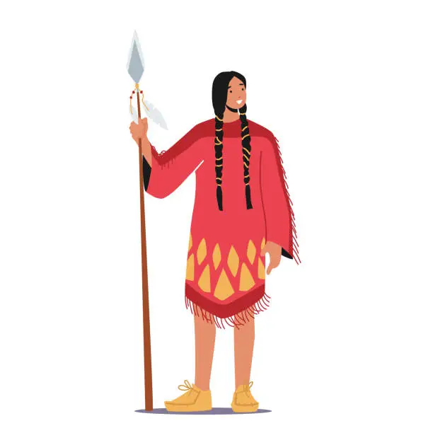 Vector illustration of Native American Female Character with Spear. Native Person in Tribal Dress, Girl in Carnival Costume, Indigenous Warrior